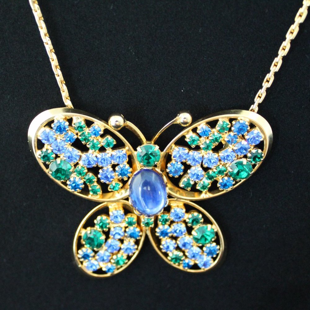 Large Butterfly Pendant, Rhinestones & Art Glass